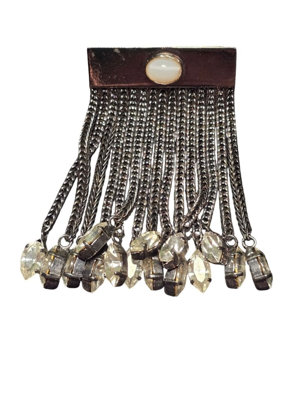 Vintage 1960s Waterfall Fringe Black Gunmetal Rhinestone Dangle Moonstone Brooch